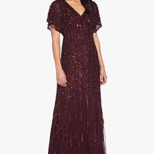 Adrianna Papell Burgundy Formal Event Dress Embellished Sequin Beaded Long Gown